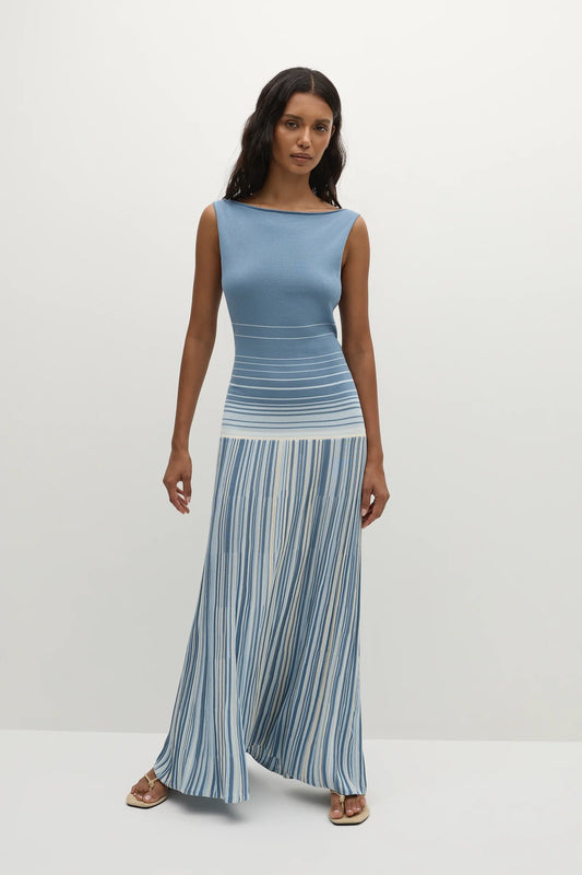 Xyla Maxi Dress - Accordion Stripe Mineral Blue