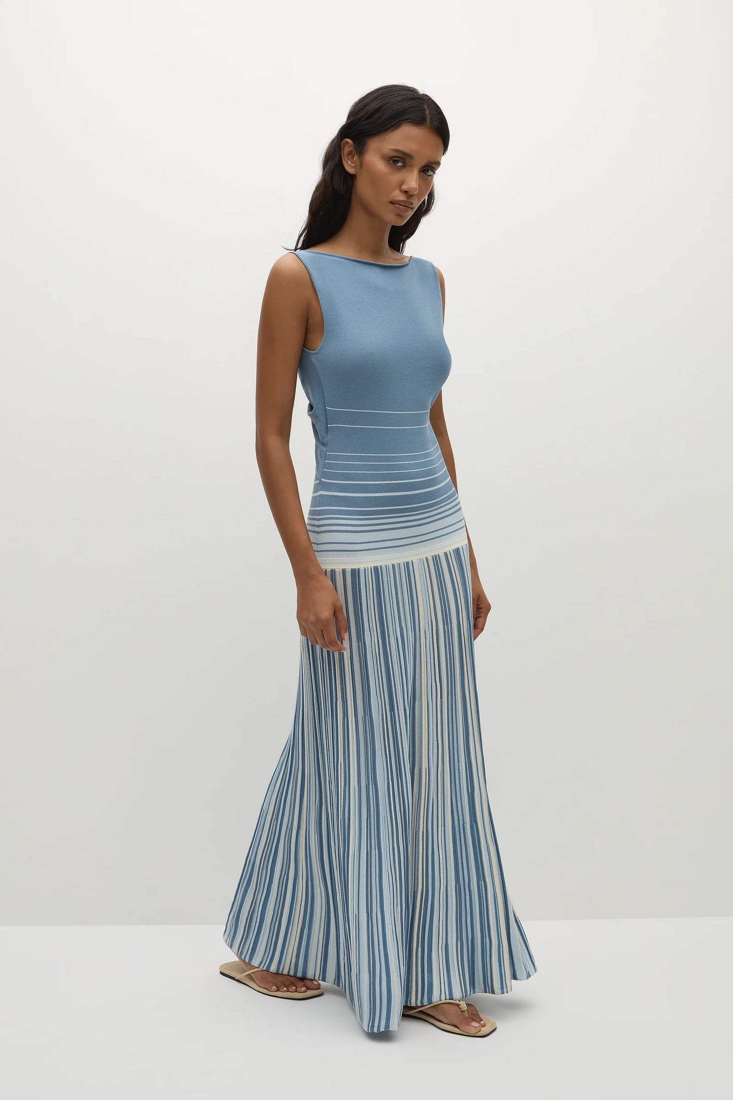 Xyla Maxi Dress - Accordion Stripe Mineral Blue