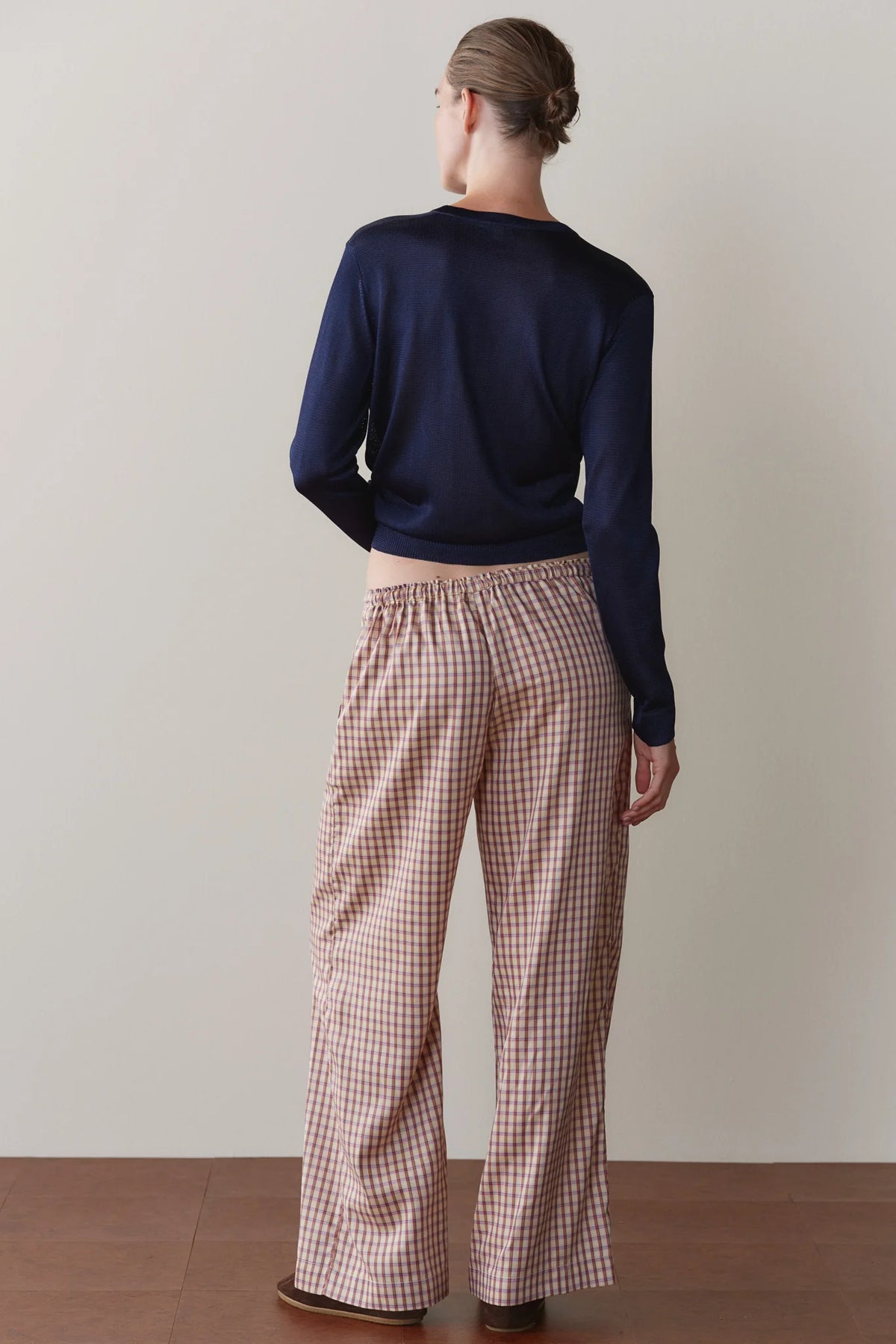 Tencel Plaid Tie Pant - Creme/Roz Plaid