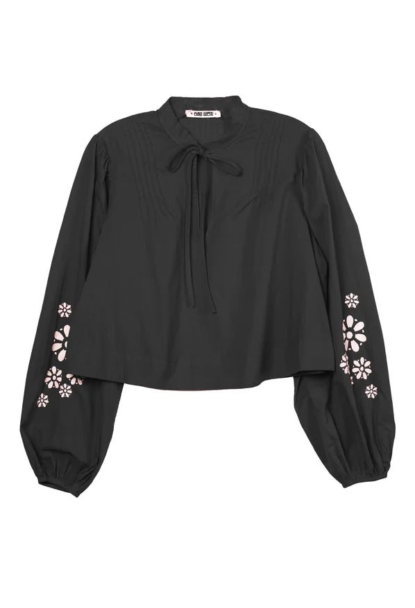 Salm Black Embroidered Cotton Voile Top