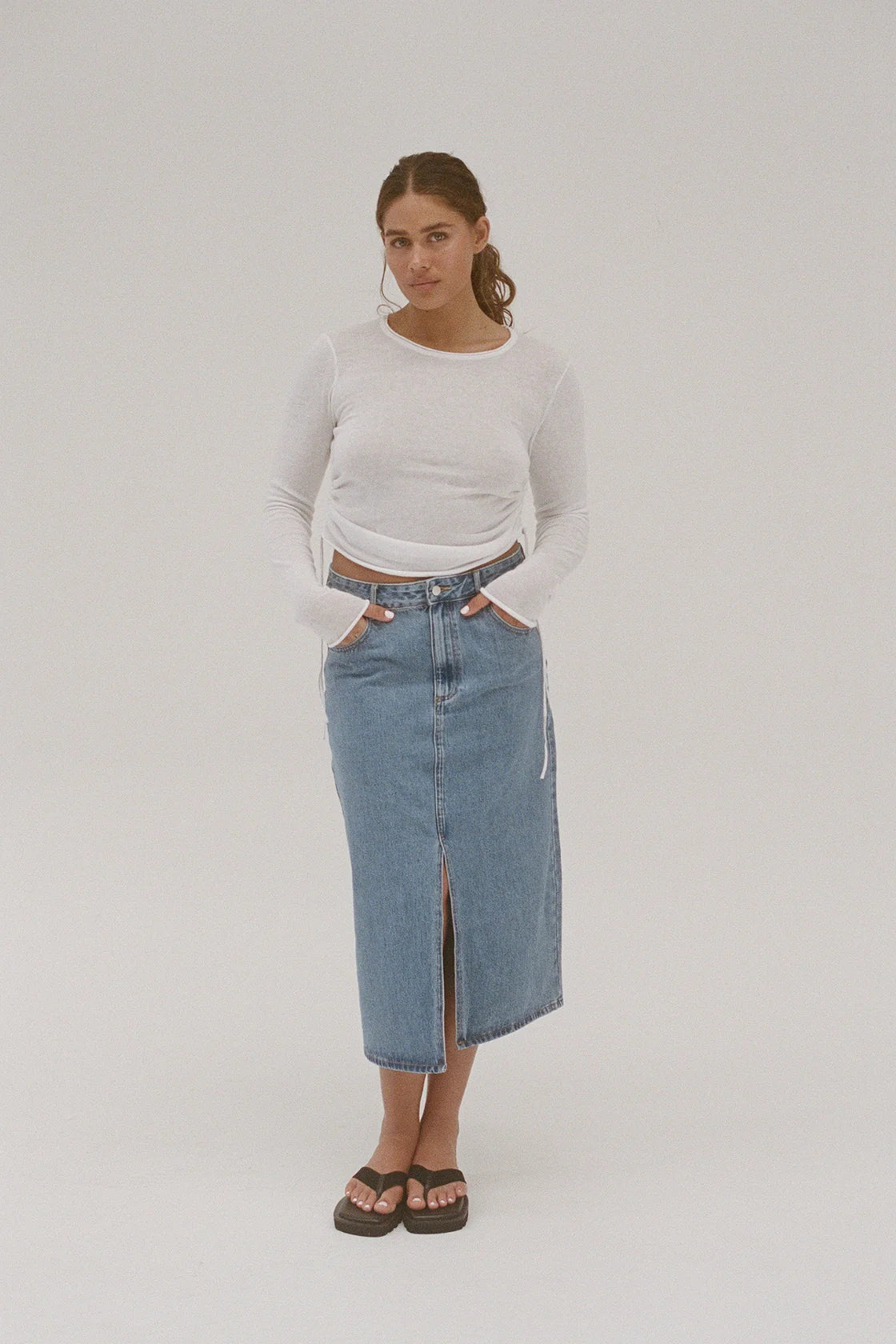 Gathered Knit Long Sleeve Top - White