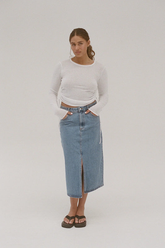 Gathered Knit Long Sleeve Top - White