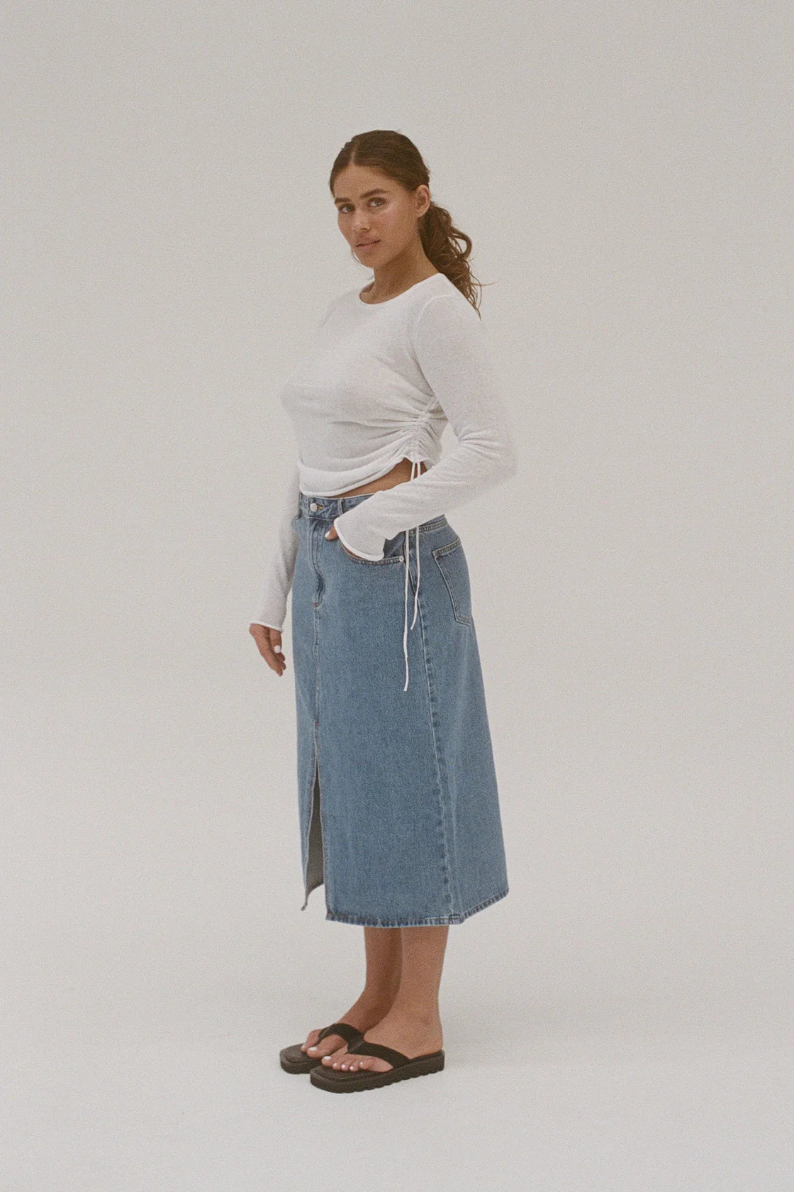 Gathered Knit Long Sleeve Top - White