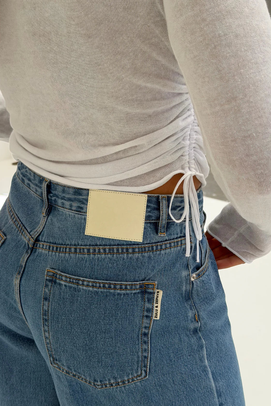 Gathered Knit Long Sleeve Top - White