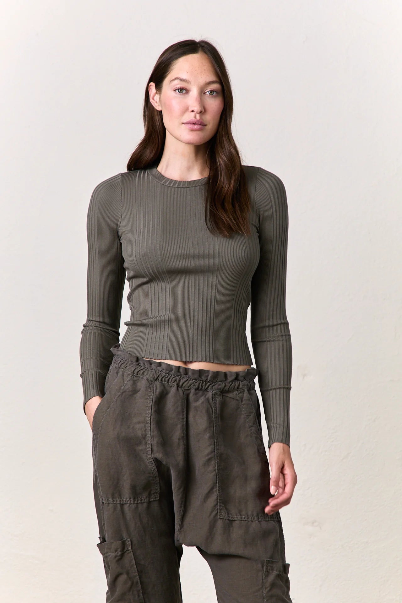 Camila Long Sleeve Crop Rib Crew - Olive