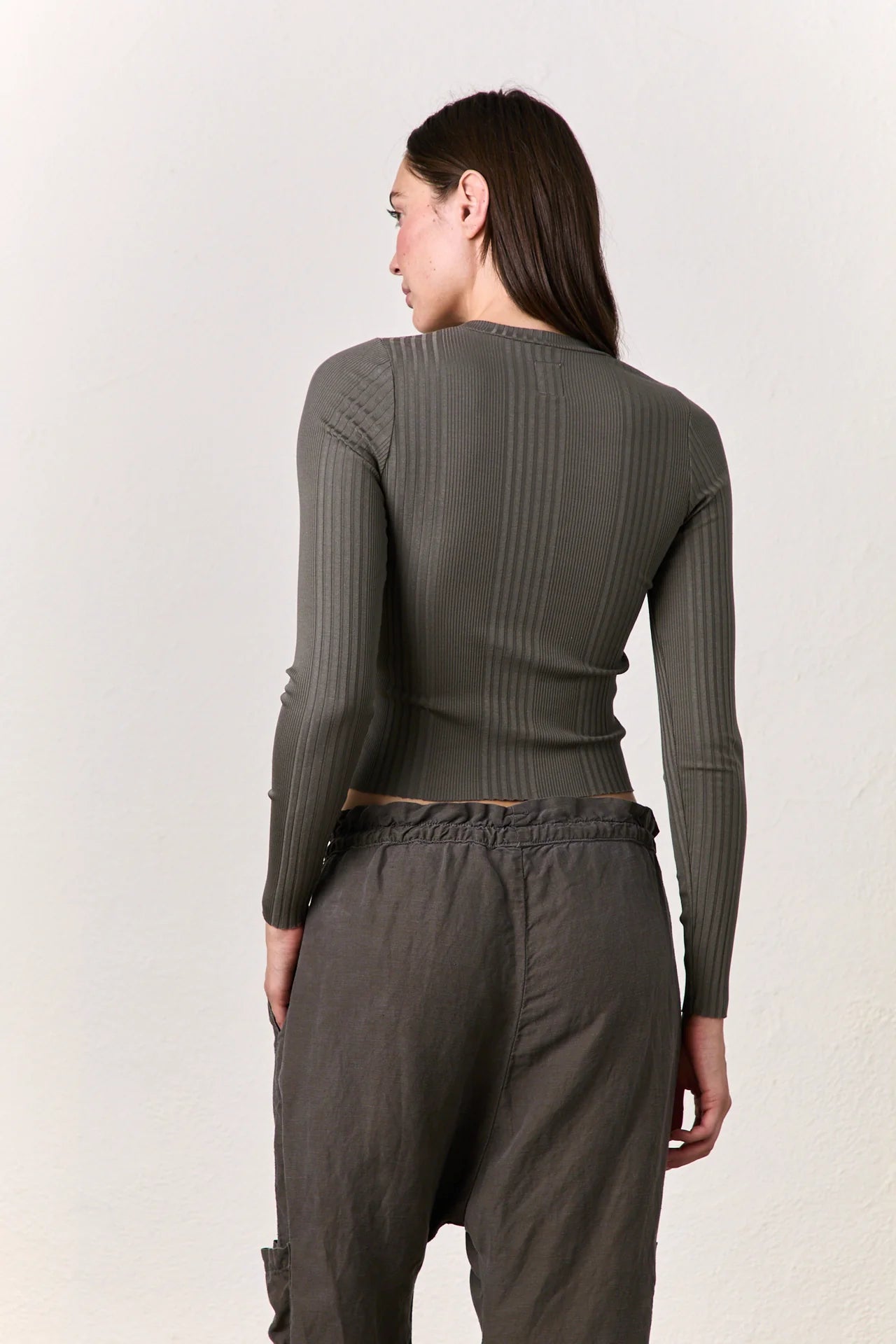 Camila Long Sleeve Crop Rib Crew - Olive