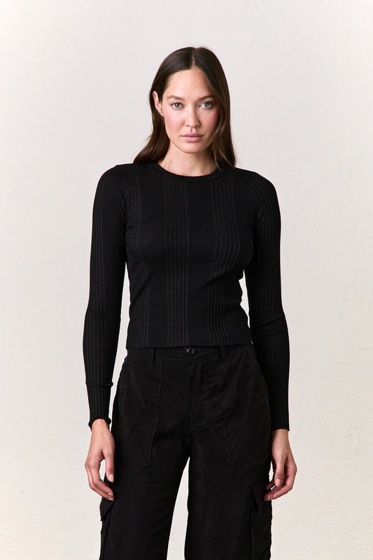 Camila Long Sleeve Crop Rib Crew - Black