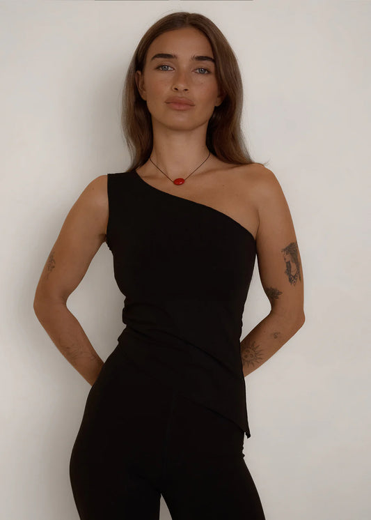 One Shoulder Asym Hem Tank - Black
