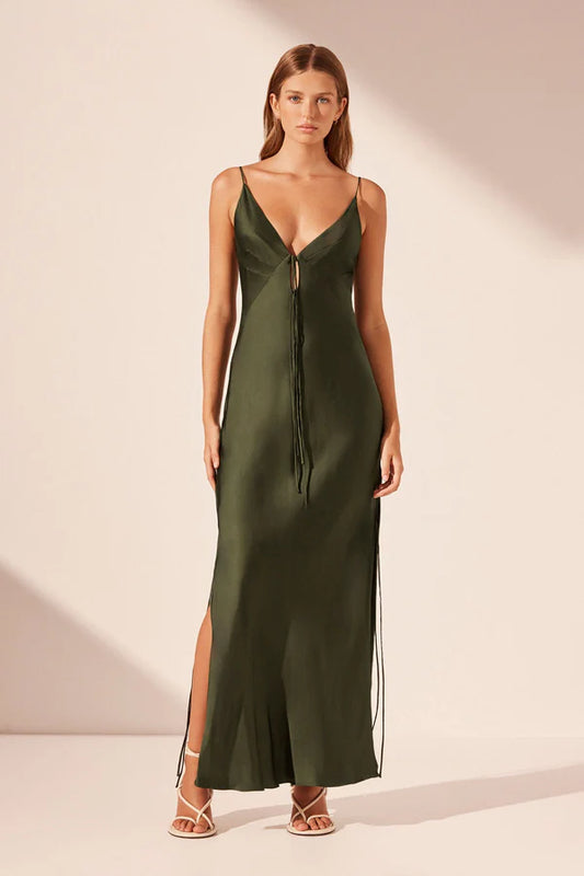 Shae Plunged Slip Tie Maxi Dress - Pine Green