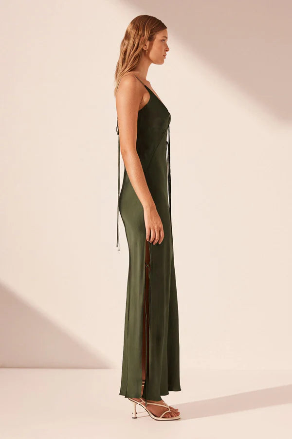 Shae Plunged Slip Tie Maxi Dress - Pine Green