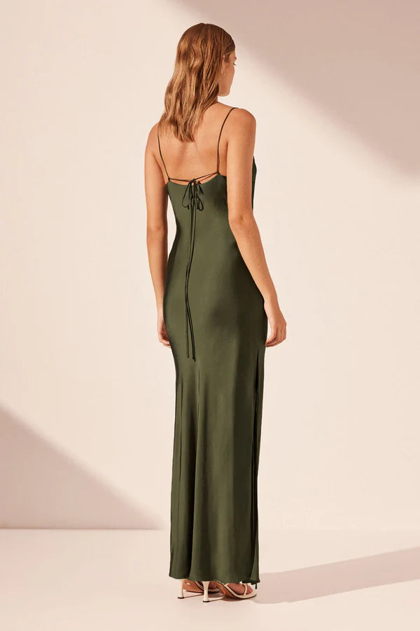 Shae Plunged Slip Tie Maxi Dress - Pine Green