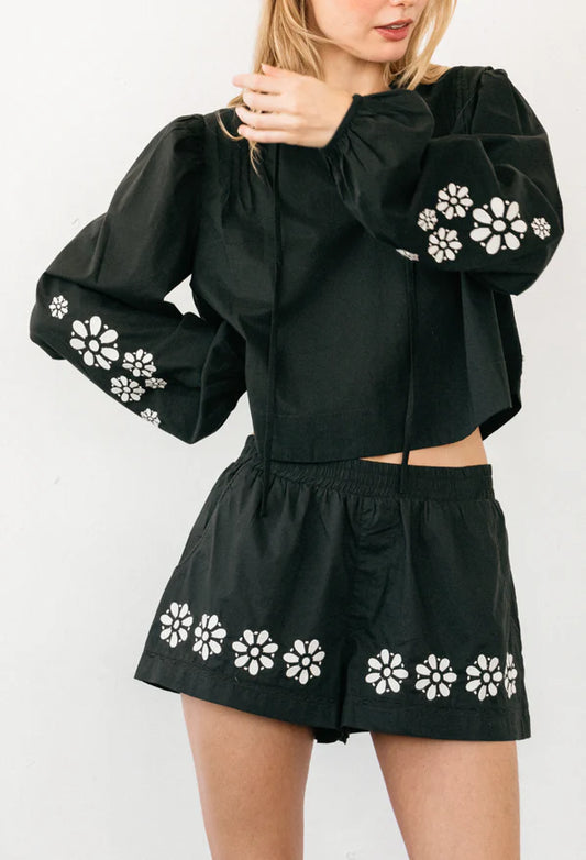 Salm Black Embroidered Cotton Voile Top