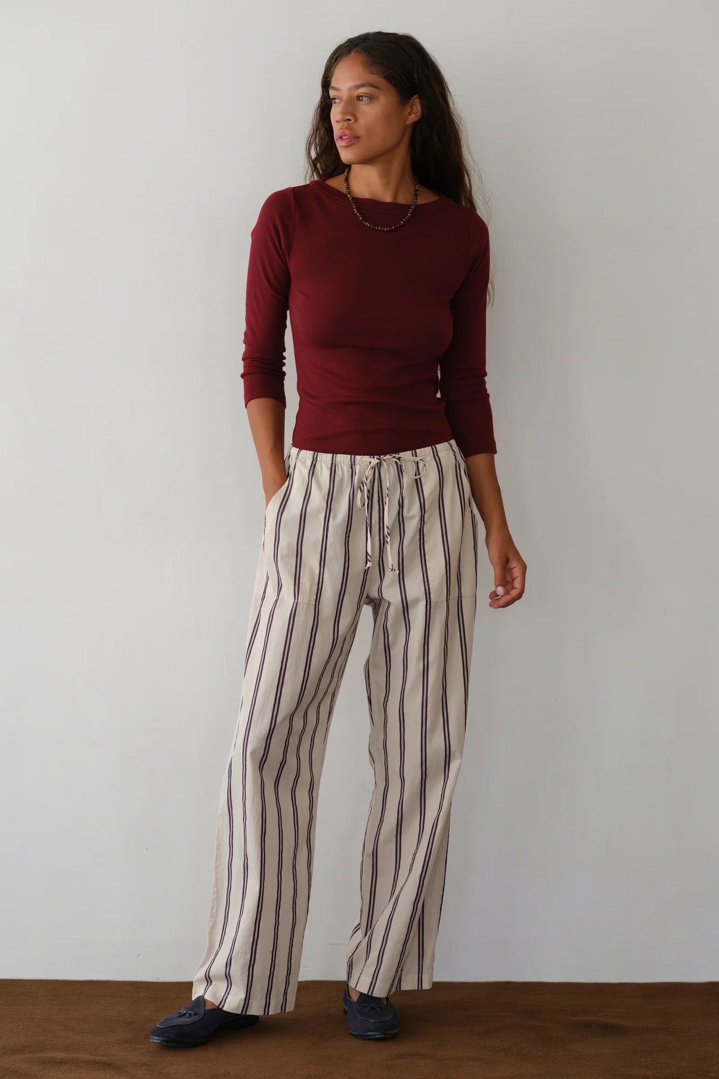 Pop Stripe Drawstring Pant - Creme Twin Stripe