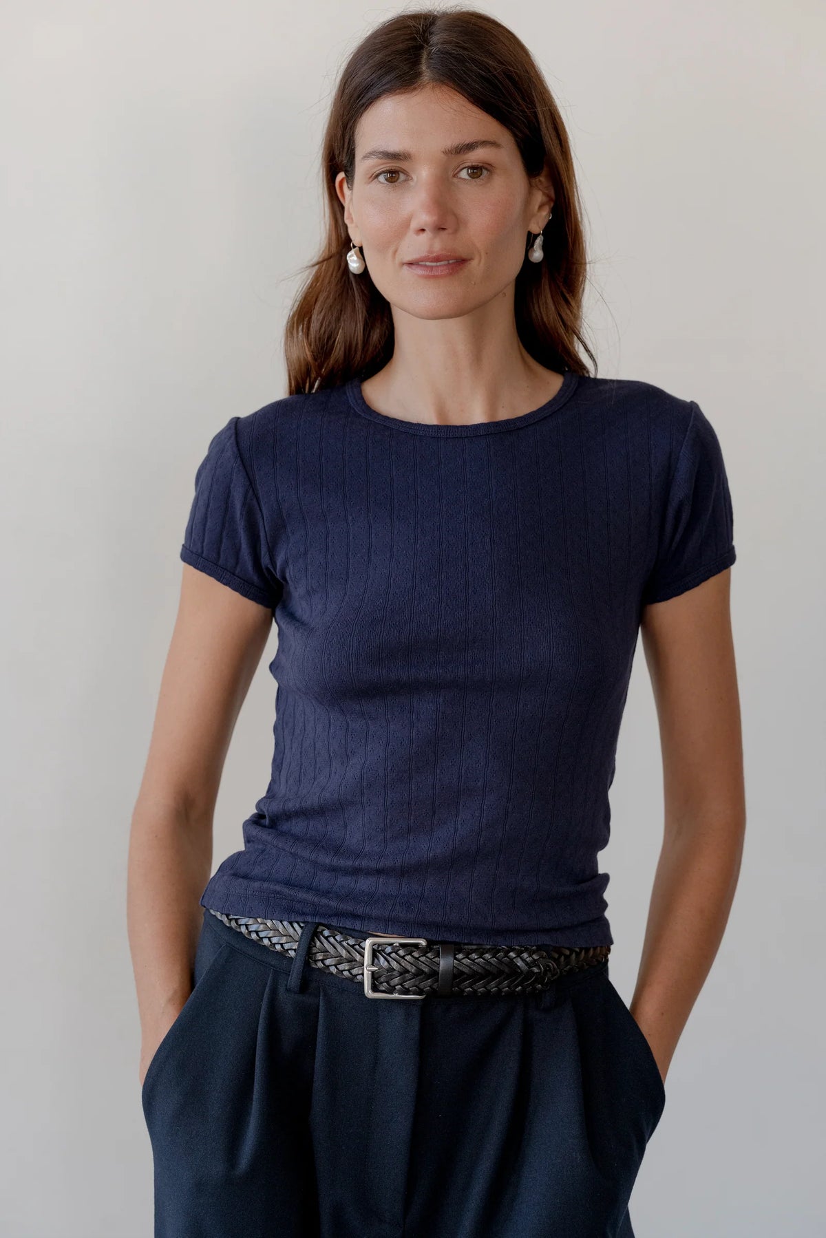 Pointelle Baby Tee - Navy