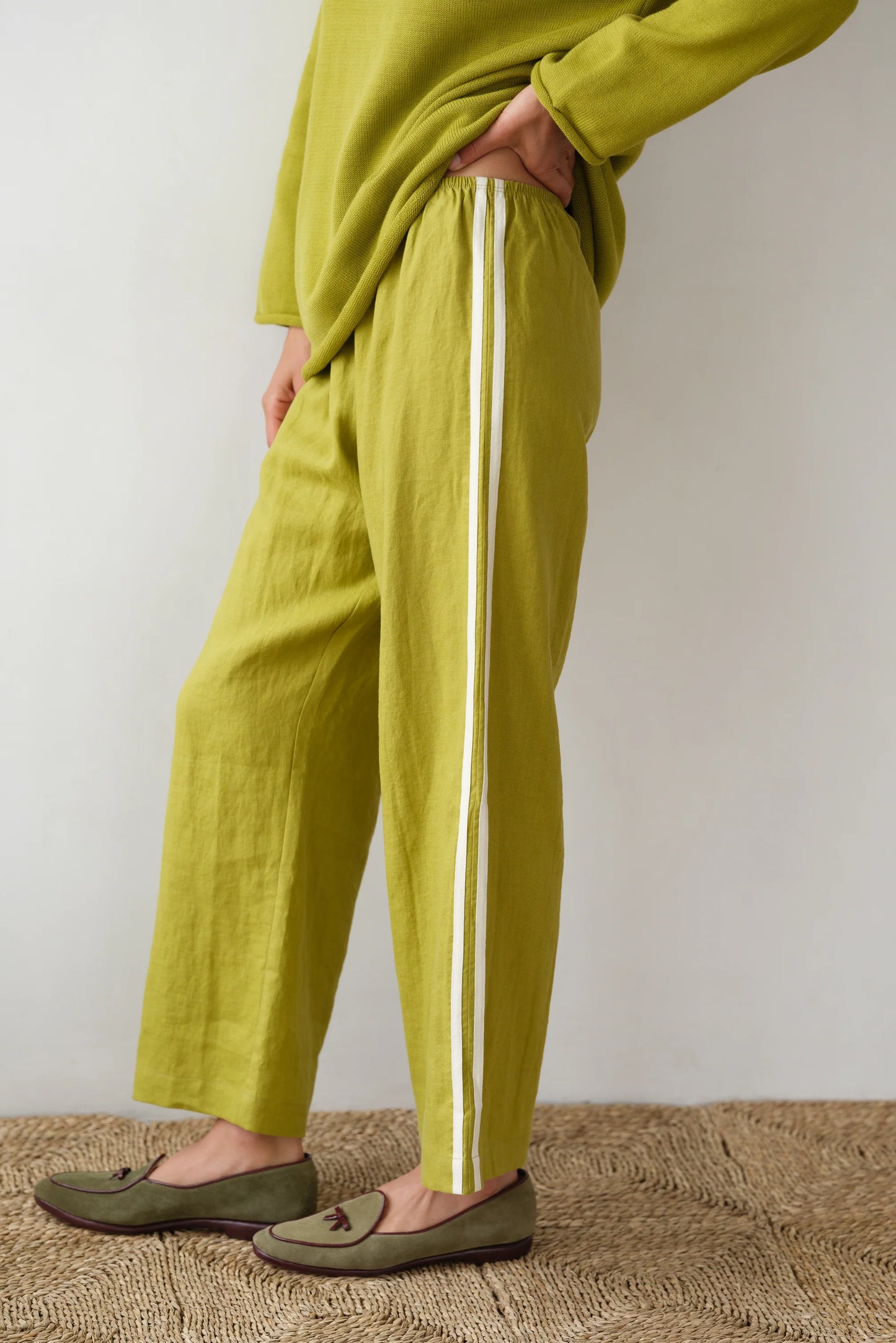 Linen Stripe Crop Racer Pant - Pistachio