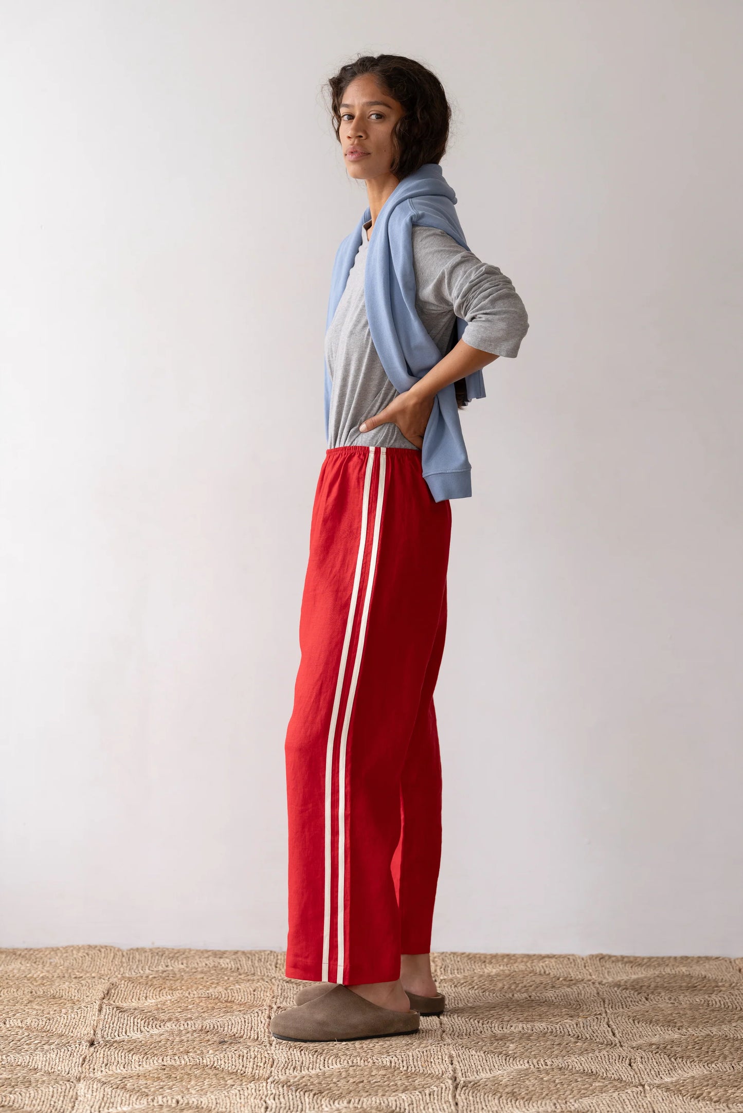 Linen Stripe Crop Racer Pant - Bell Pepper