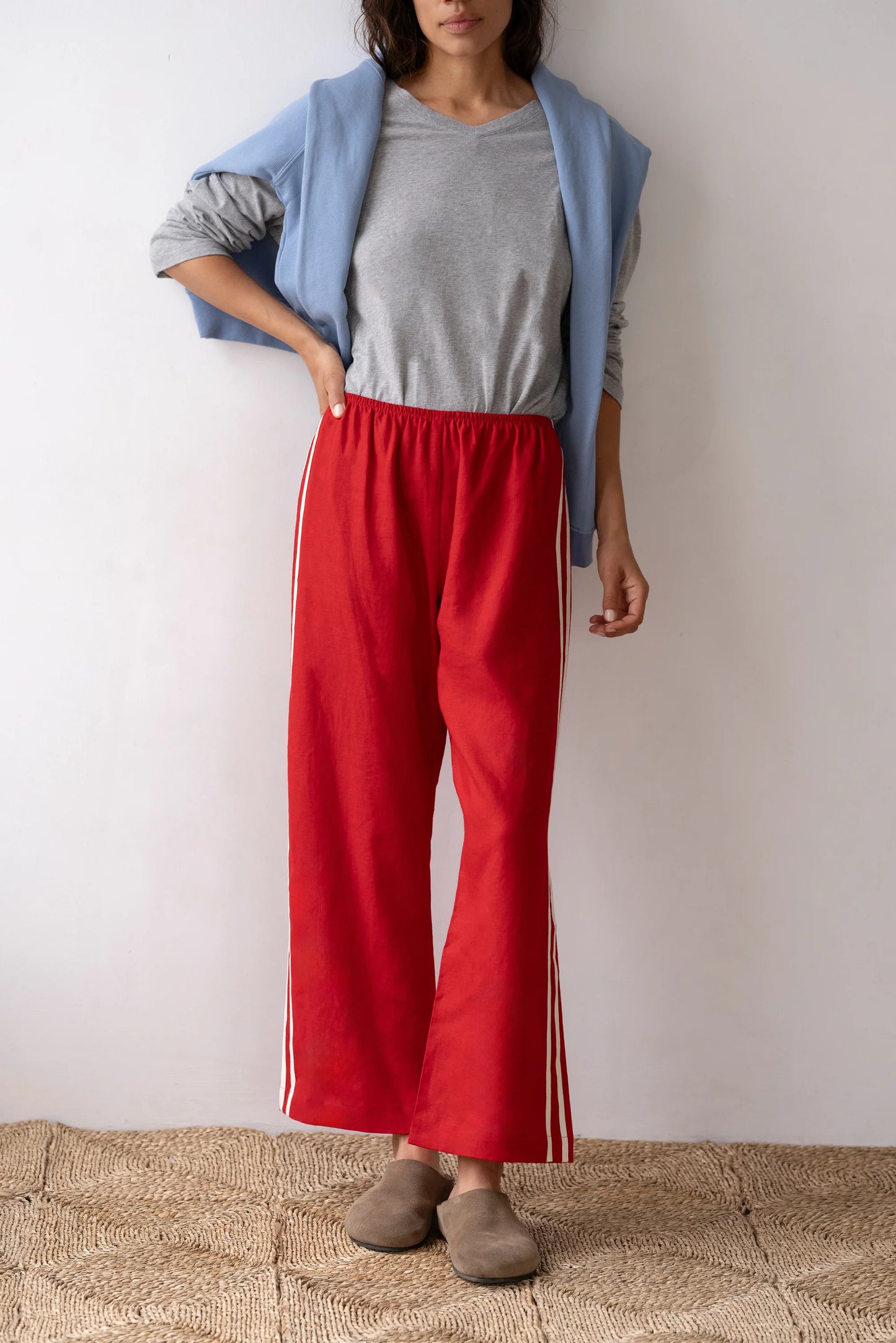 Linen Stripe Crop Racer Pant - Bell Pepper