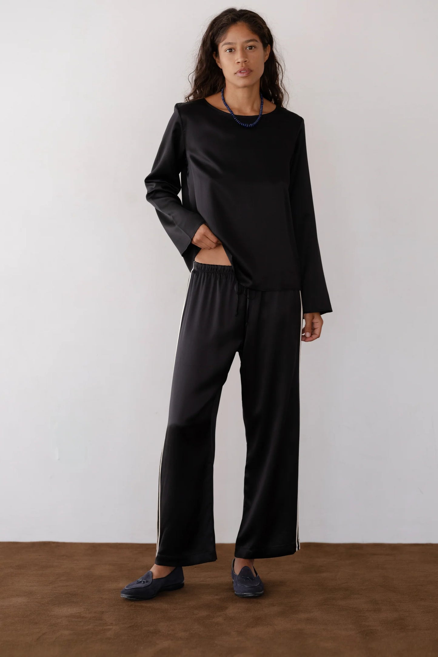 Silk Stripe Crop Pant - Jet / Creme