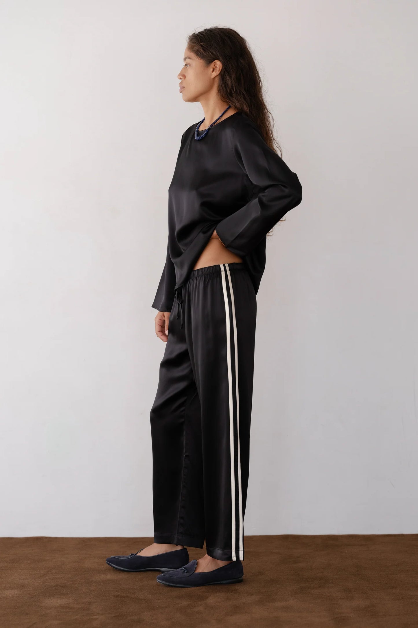 Silk Stripe Crop Pant - Jet / Creme