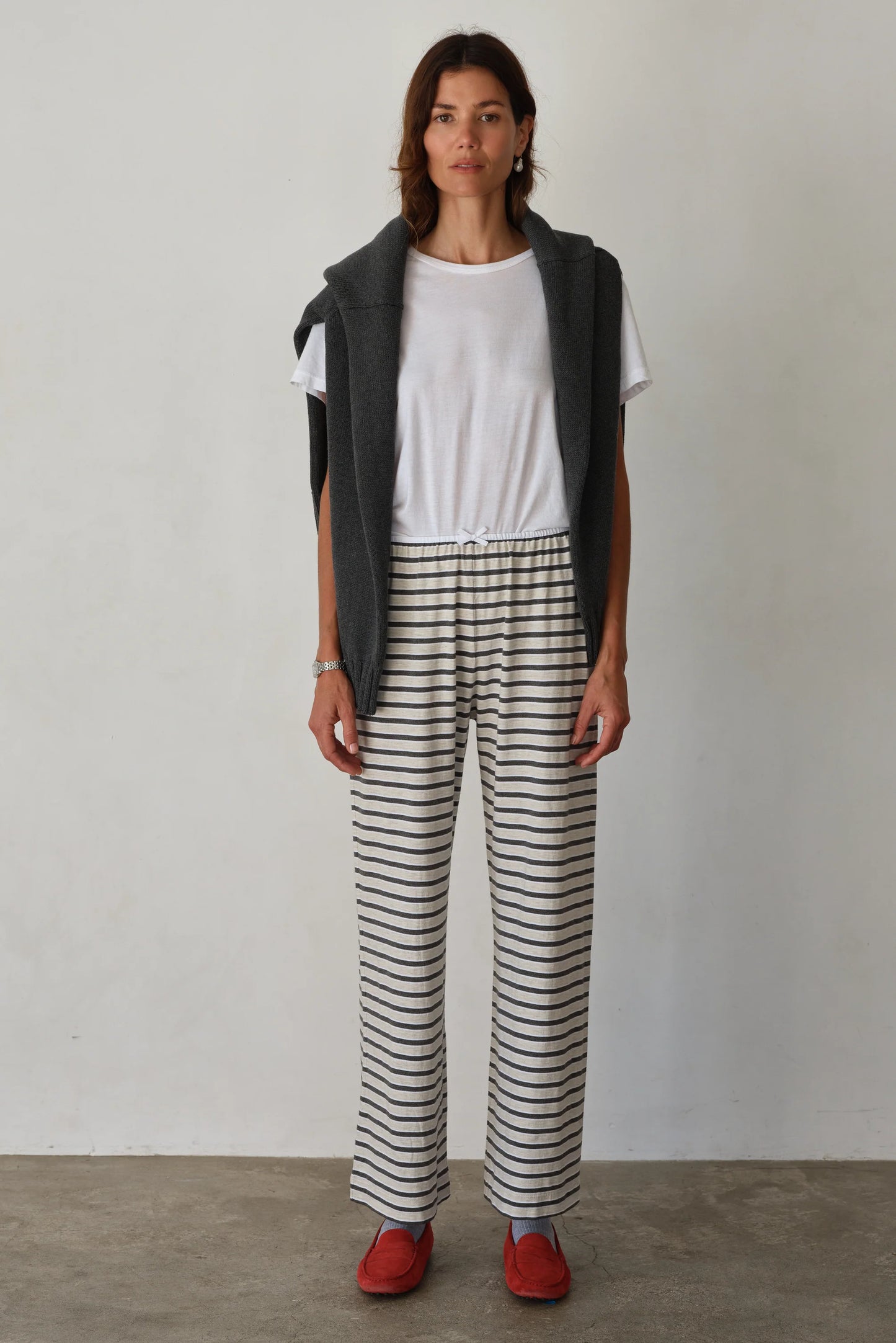 Stripe Jersey Bow Simple Pant - Oatmeal