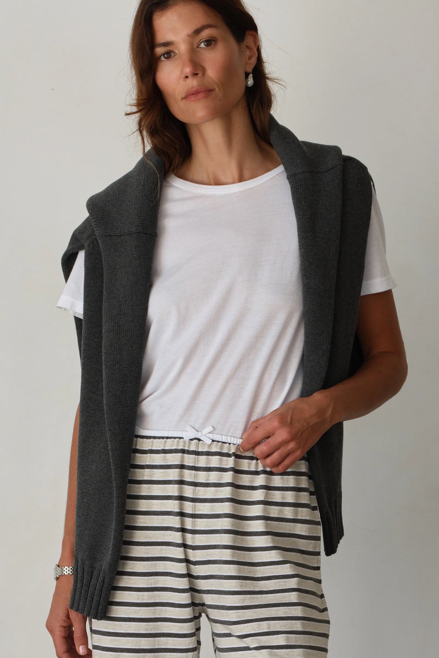 Stripe Jersey Bow Simple Pant - Oatmeal