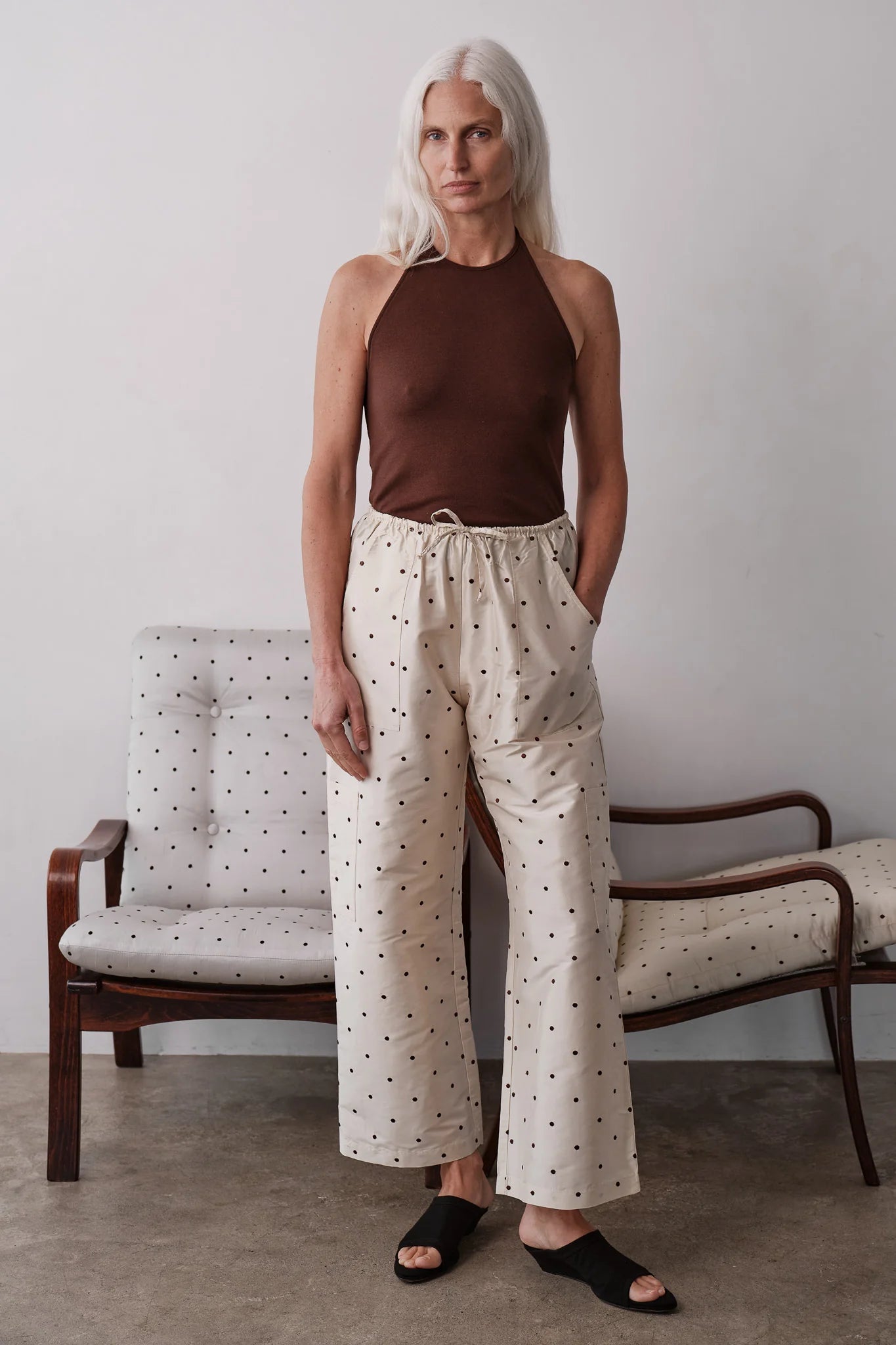 Silk Taffeta Cargo Pant - Creme Walnut Polka Dot