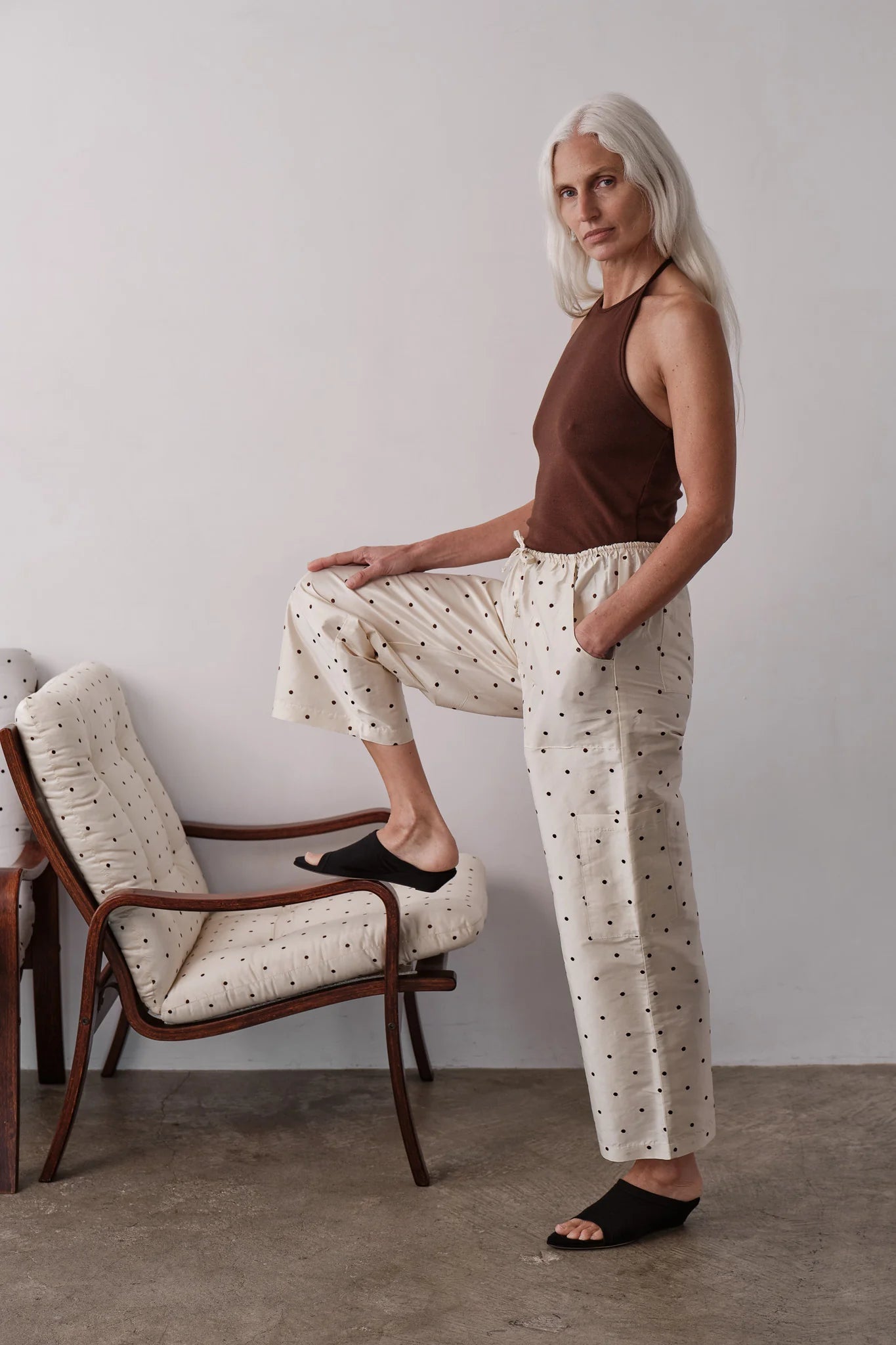 Silk Taffeta Cargo Pant - Creme Walnut Polka Dot