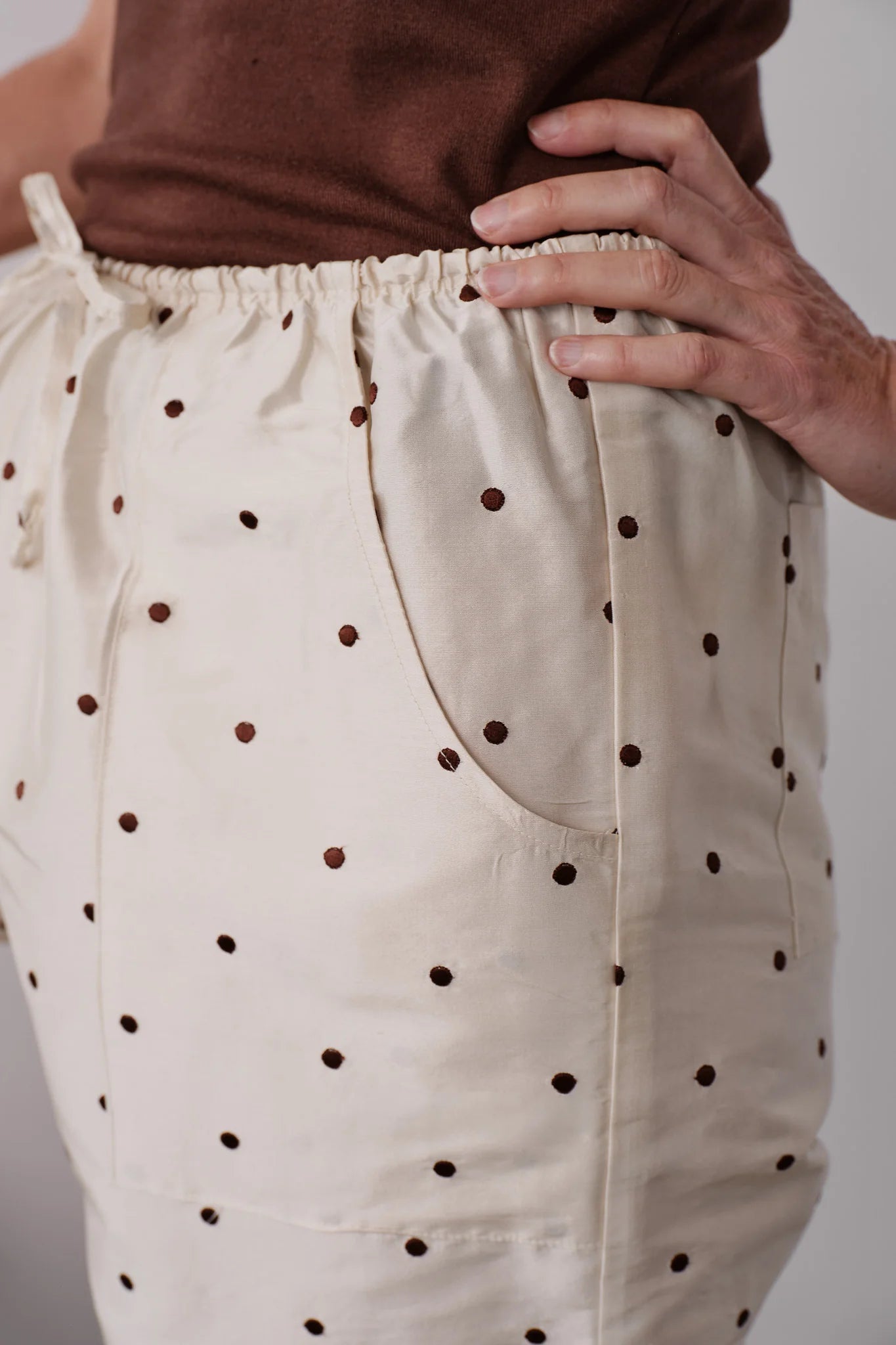 Silk Taffeta Cargo Pant - Creme Walnut Polka Dot