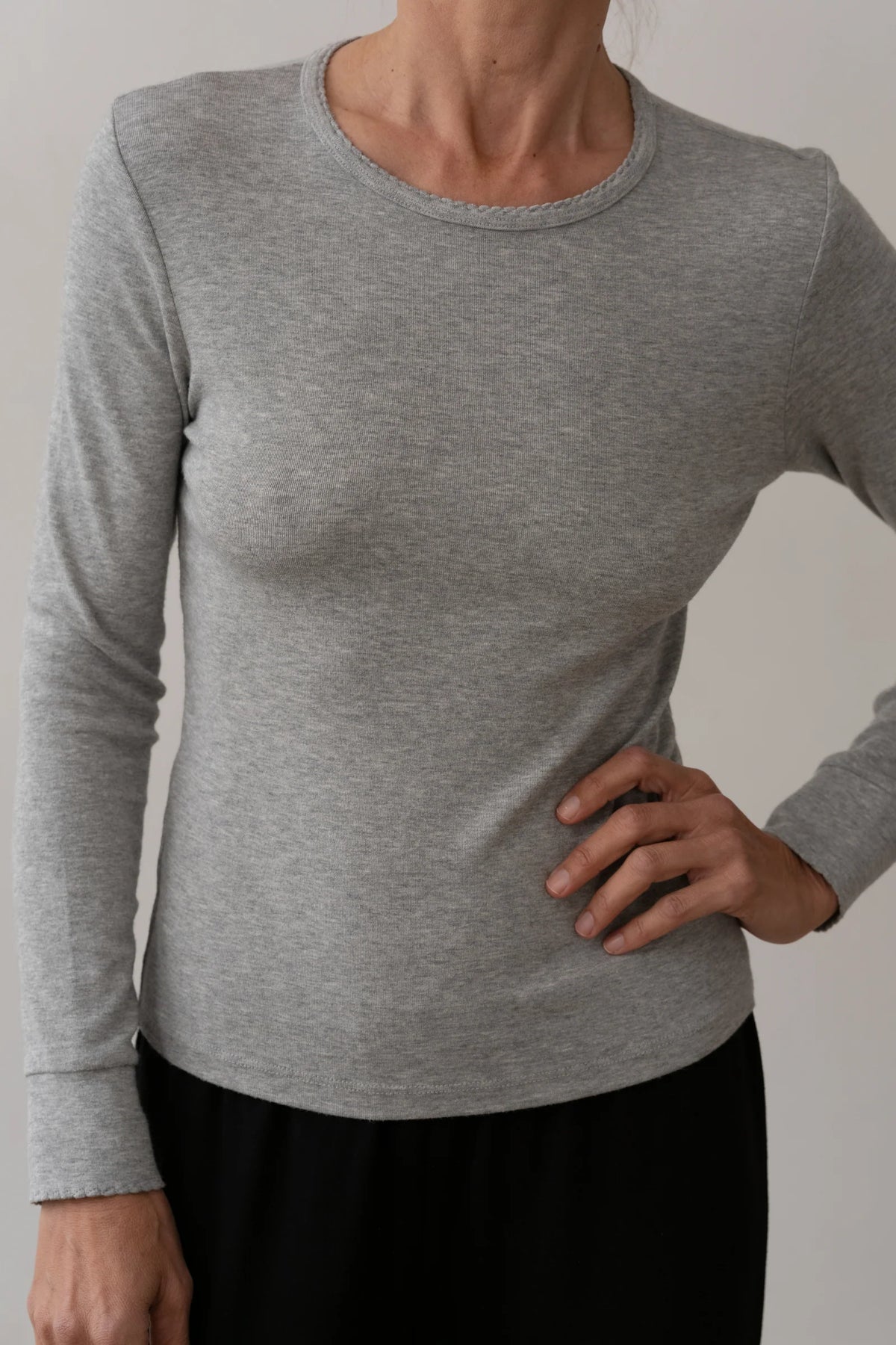 Baby Rib Scallop Long Sleeve - Heather Grey