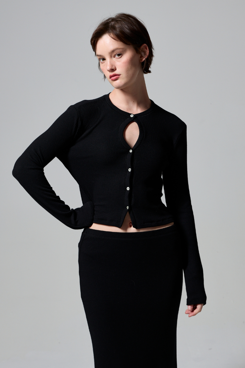 Kyra Rib Sweater Keyhole Cardigan - Black