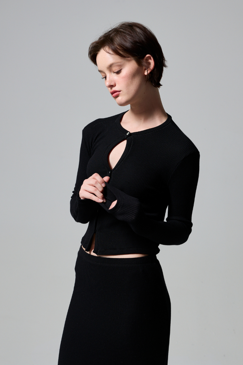 Kyra Rib Sweater Keyhole Cardigan - Black