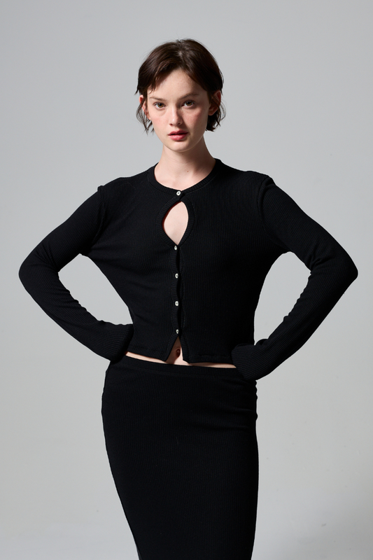 Kyra Rib Sweater Keyhole Cardigan - Black