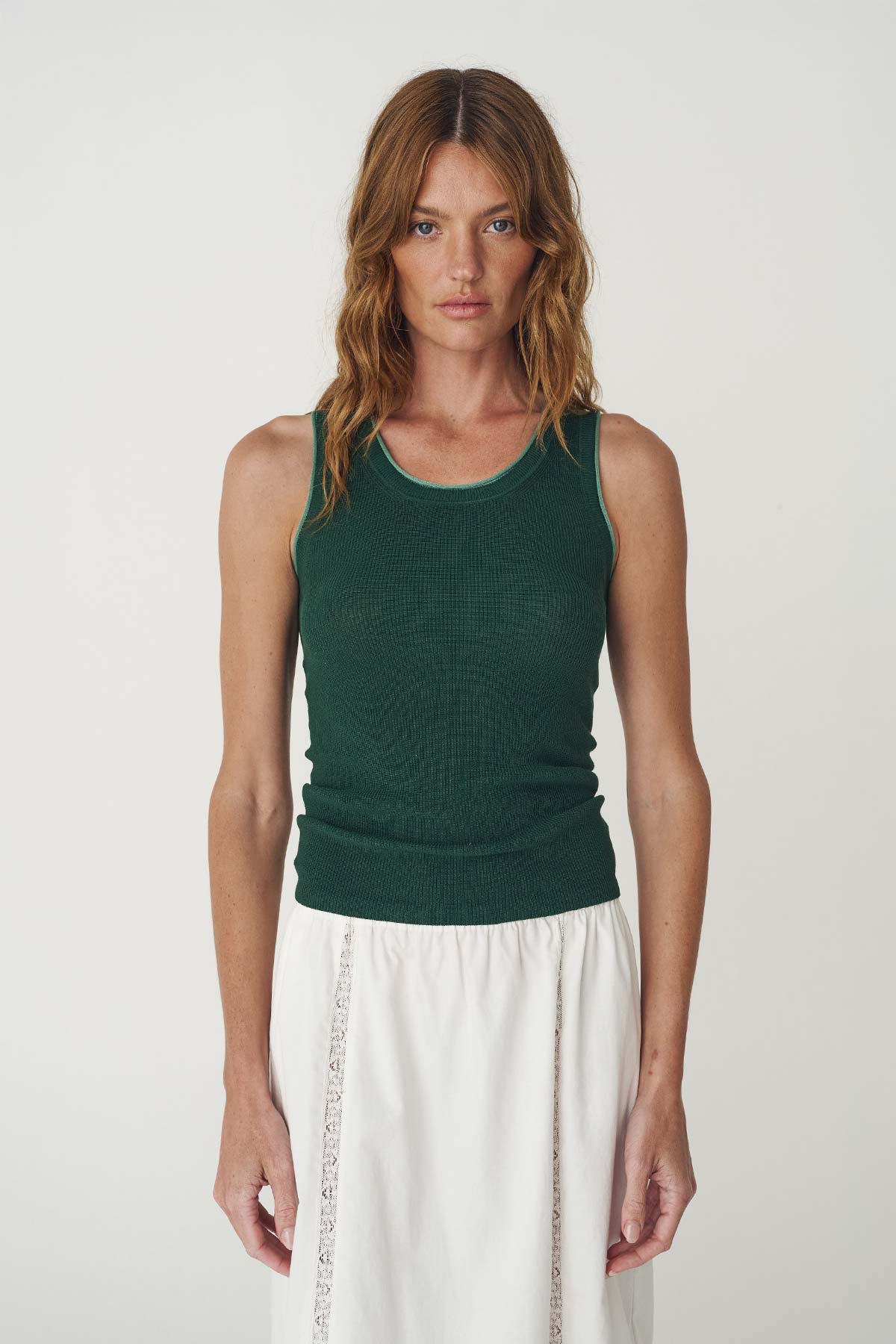 Zoe Contrast Knit Tank - Bottle Green