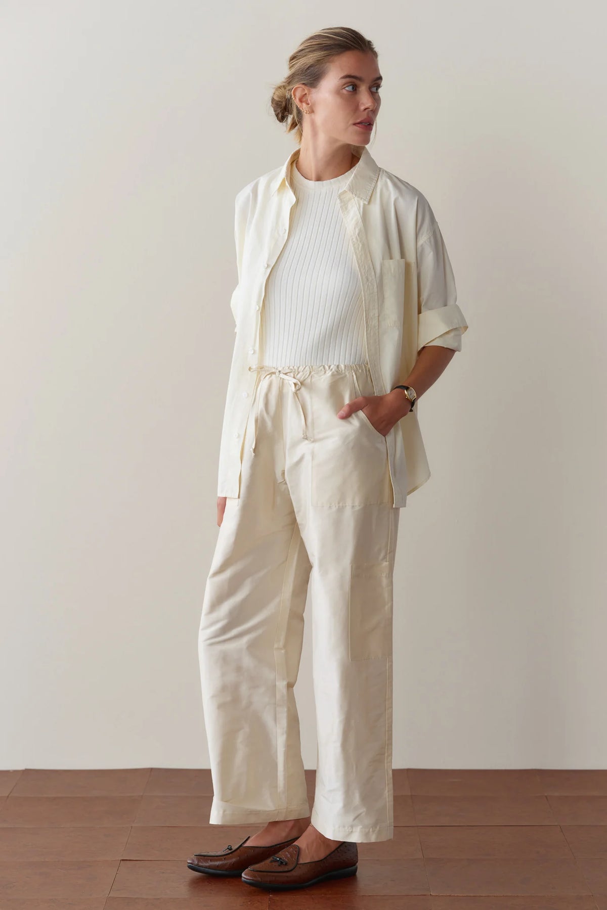 Silk Taffeta Cargo Pant - Creme