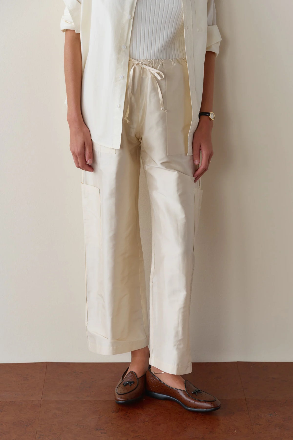 Silk Taffeta Cargo Pant - Creme