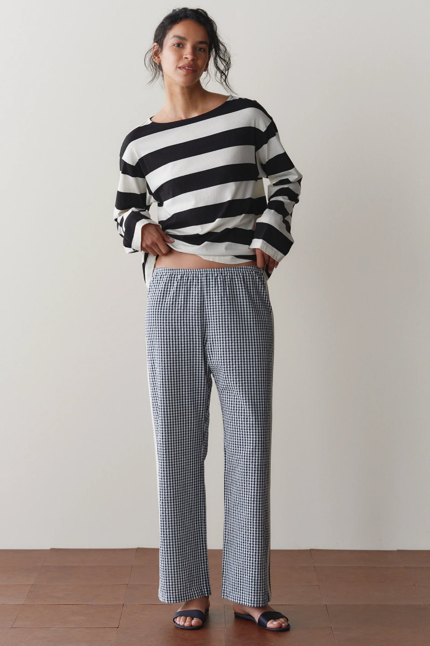 Cotton Gingham Stripe Crop Pant - Jet
