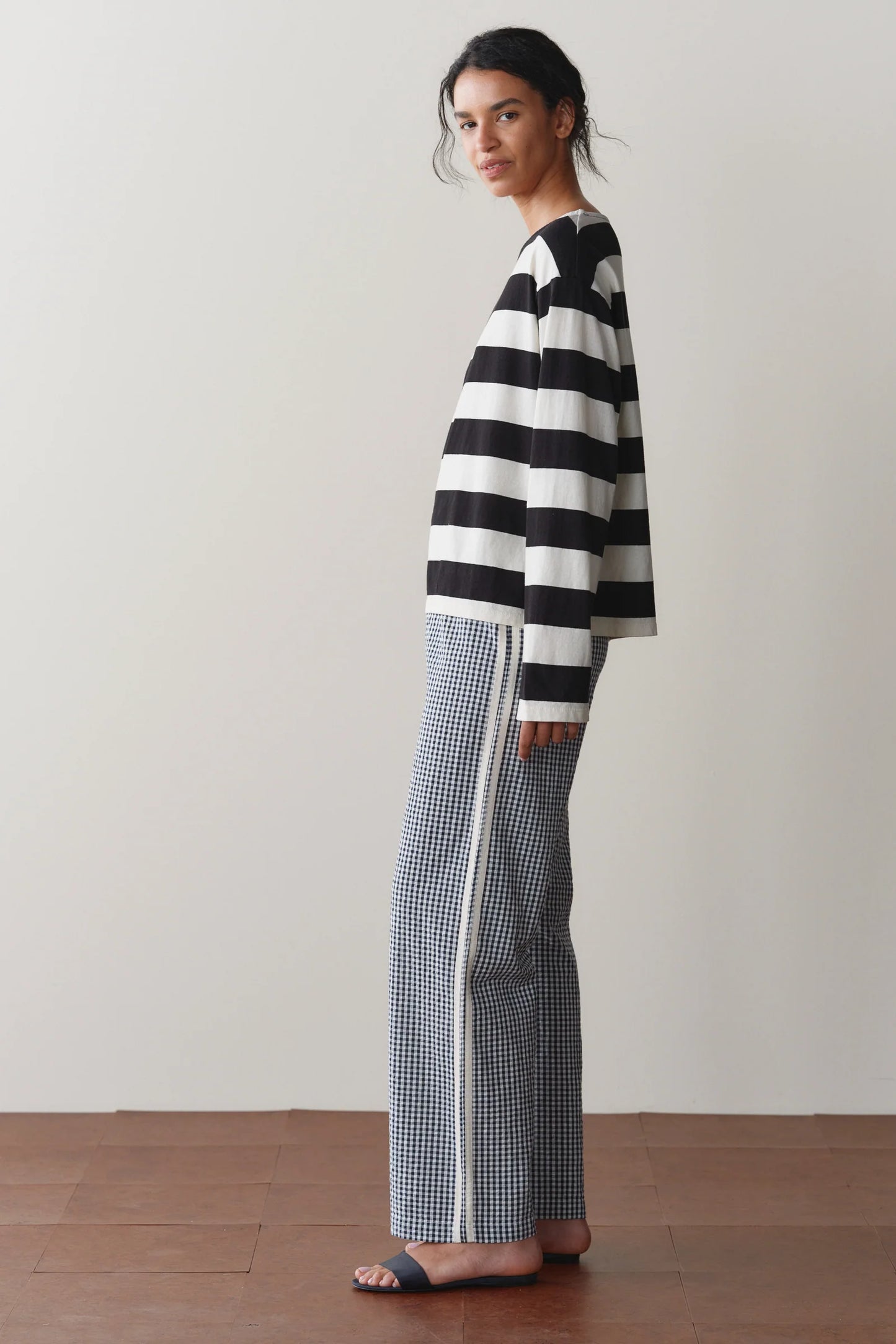 Cotton Gingham Stripe Crop Pant - Jet
