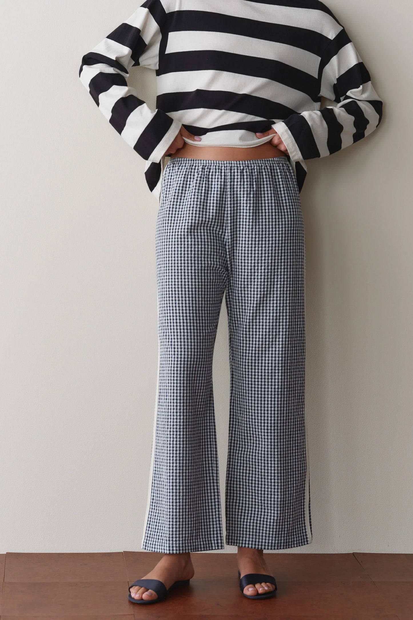 Cotton Gingham Stripe Crop Pant - Jet