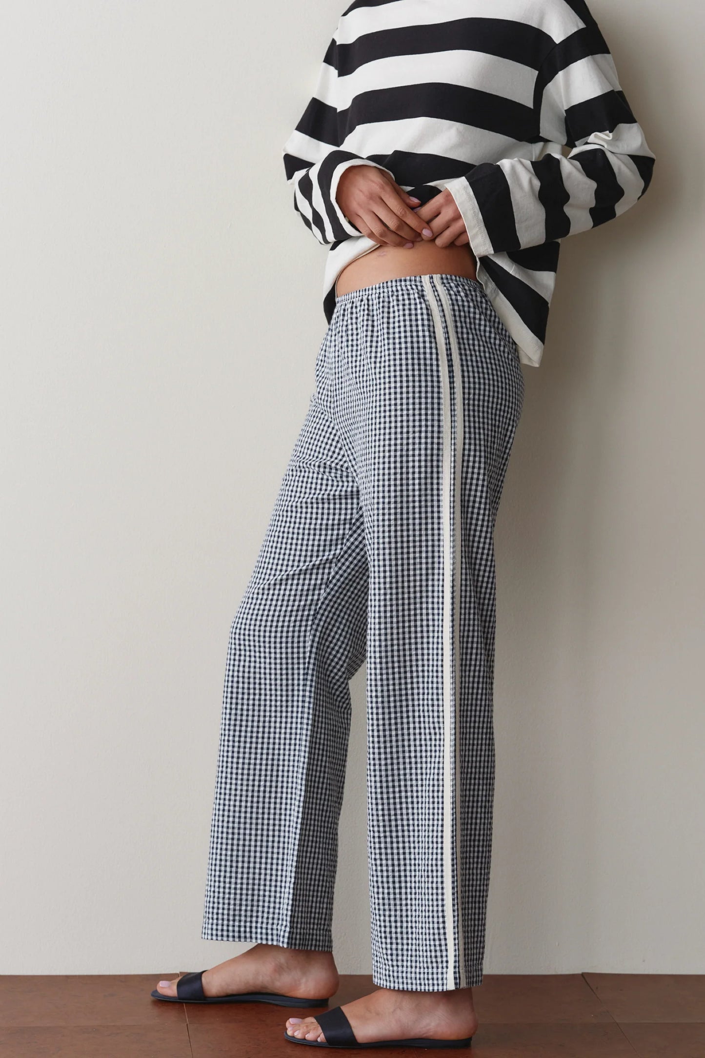 Cotton Gingham Stripe Crop Pant - Jet