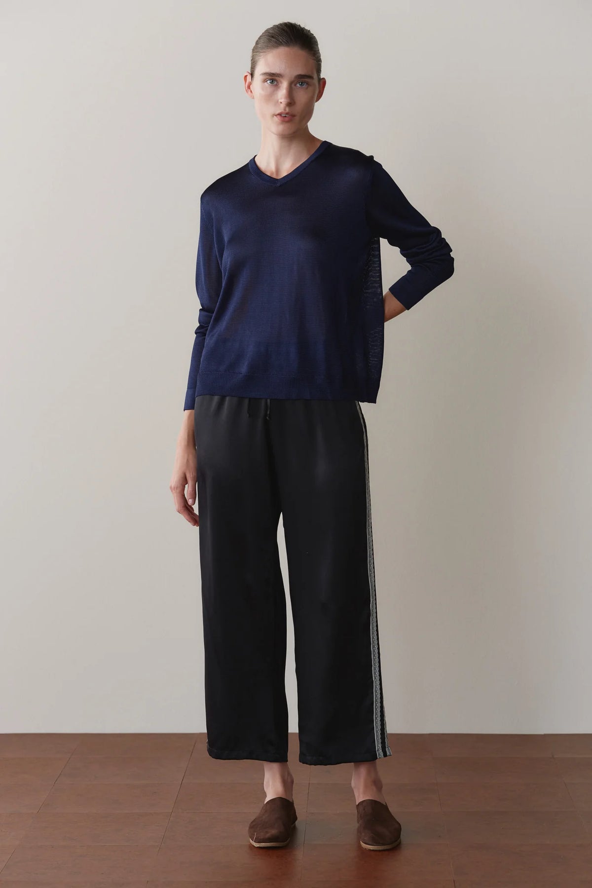 Silk Lace Stripe Crop Pant - Jet