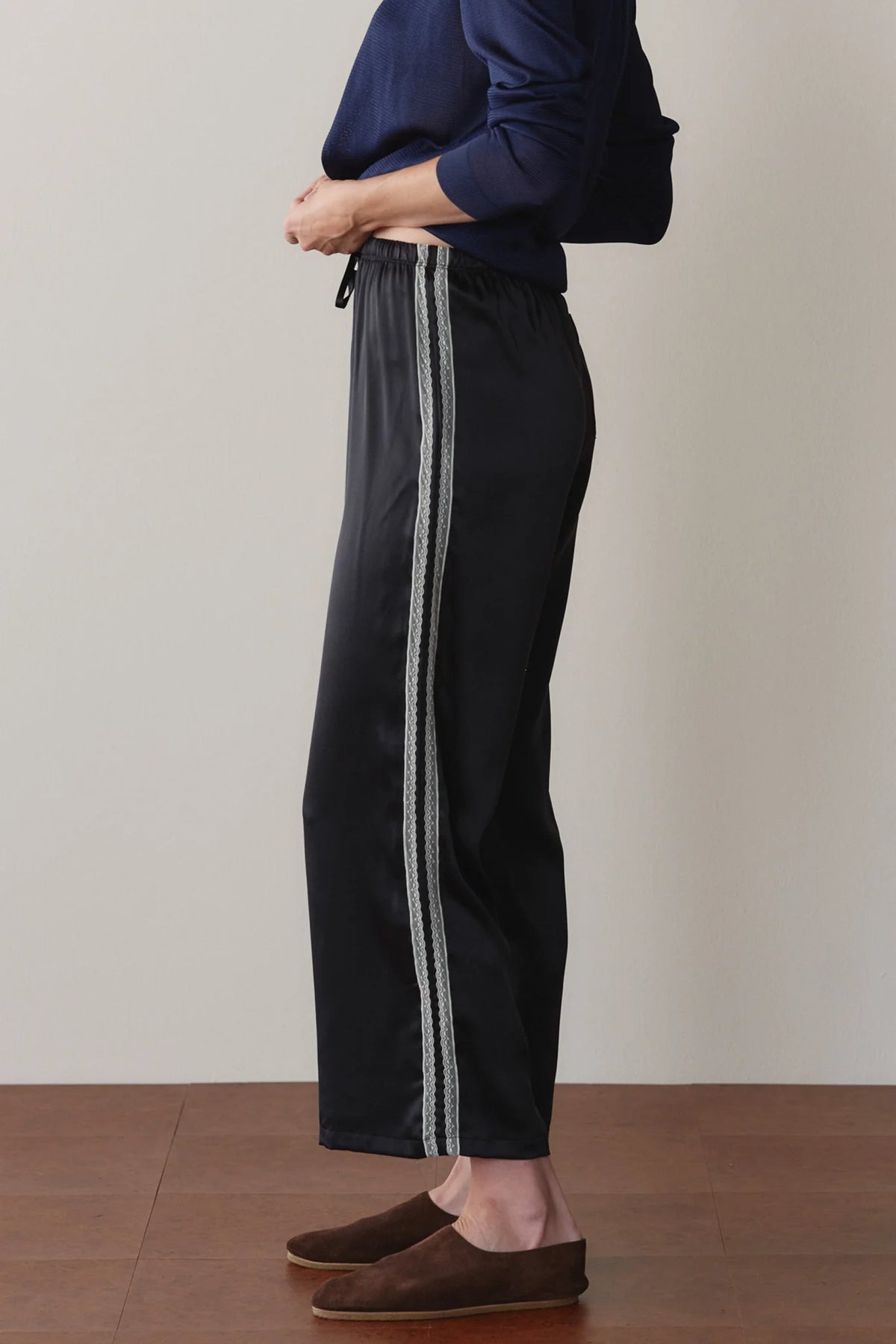 Silk Lace Stripe Crop Pant - Jet