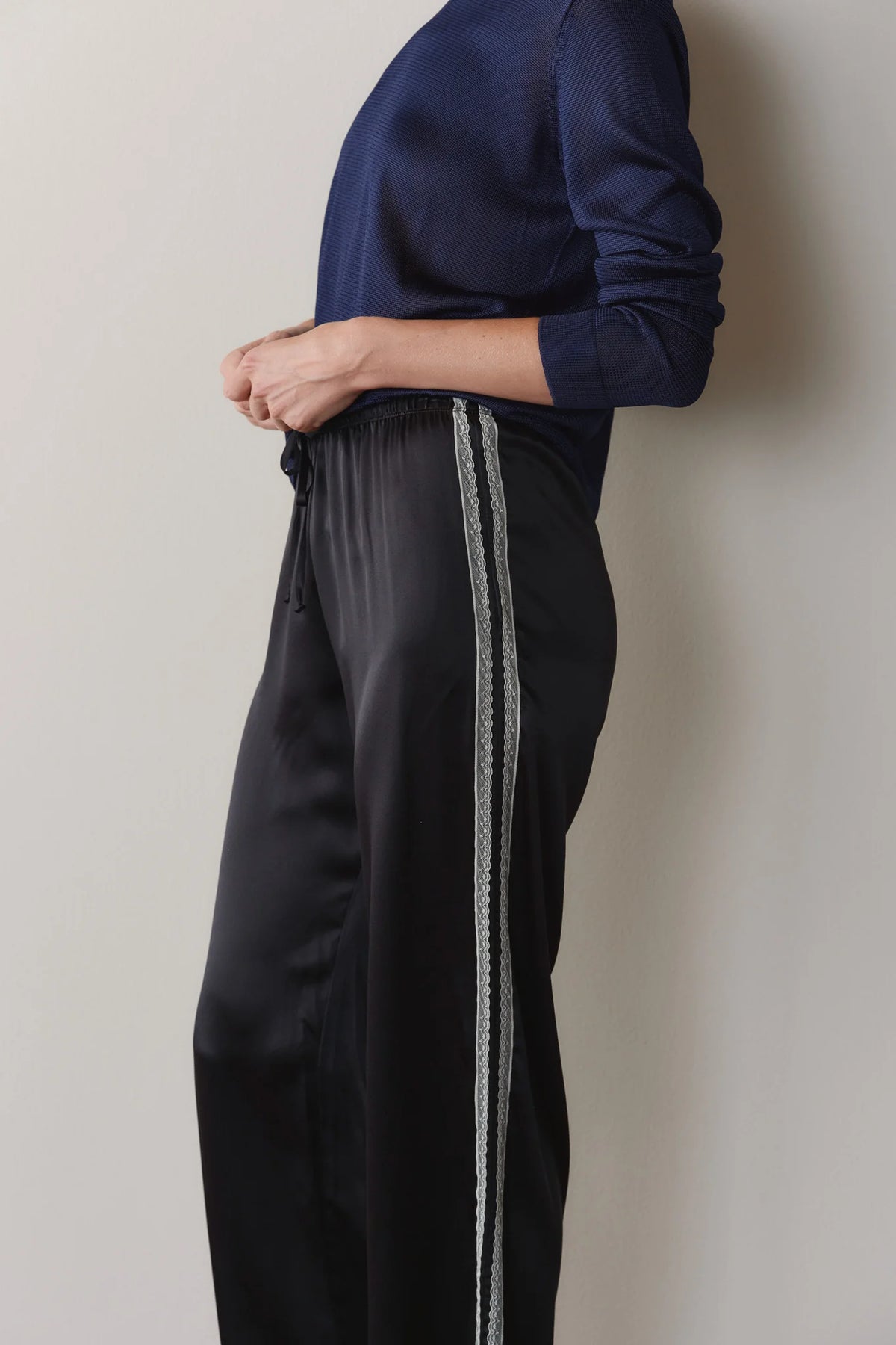 Silk Lace Stripe Crop Pant - Jet