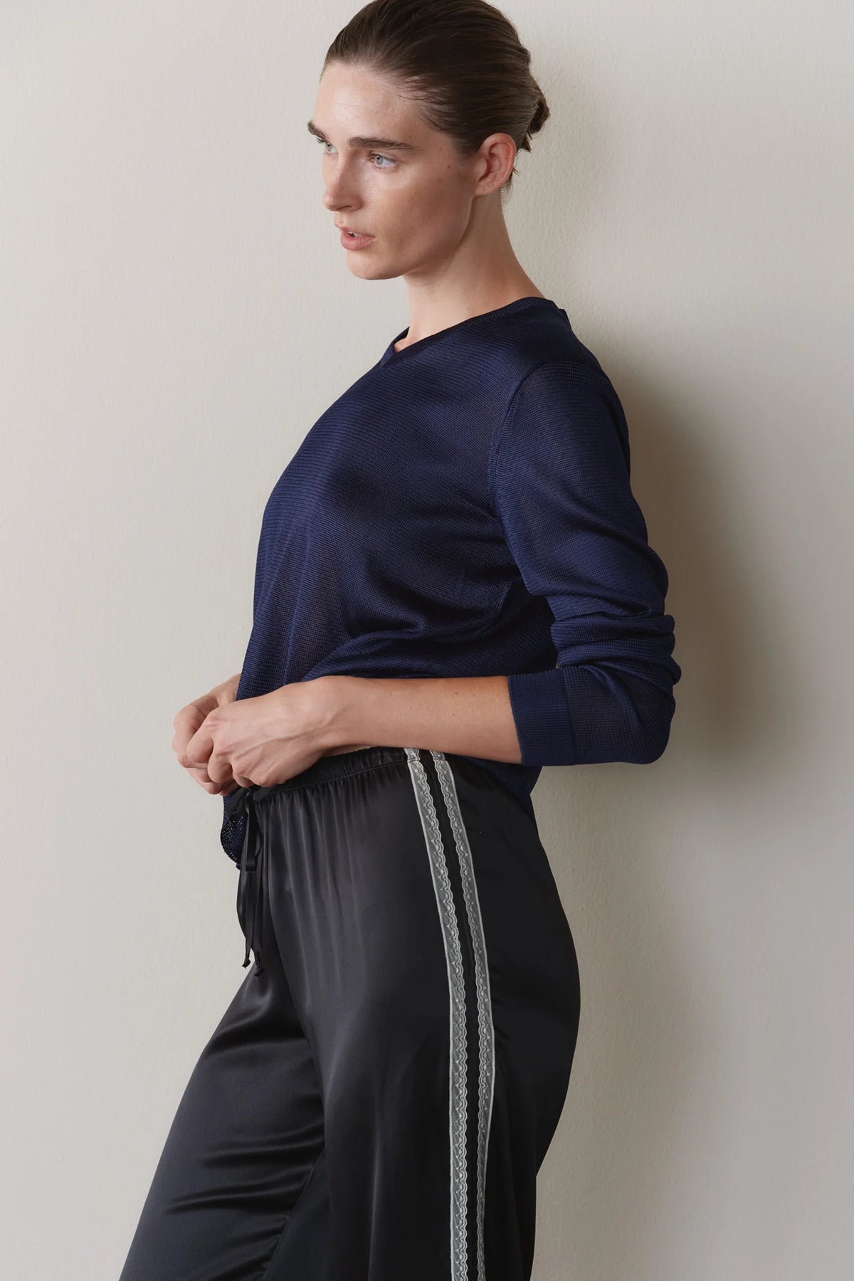 Silk Lace Stripe Crop Pant - Jet
