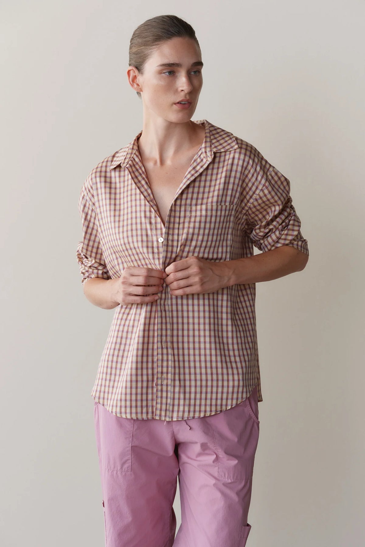 Tencel Plaid Shirt - Creme/Roz Plaid
