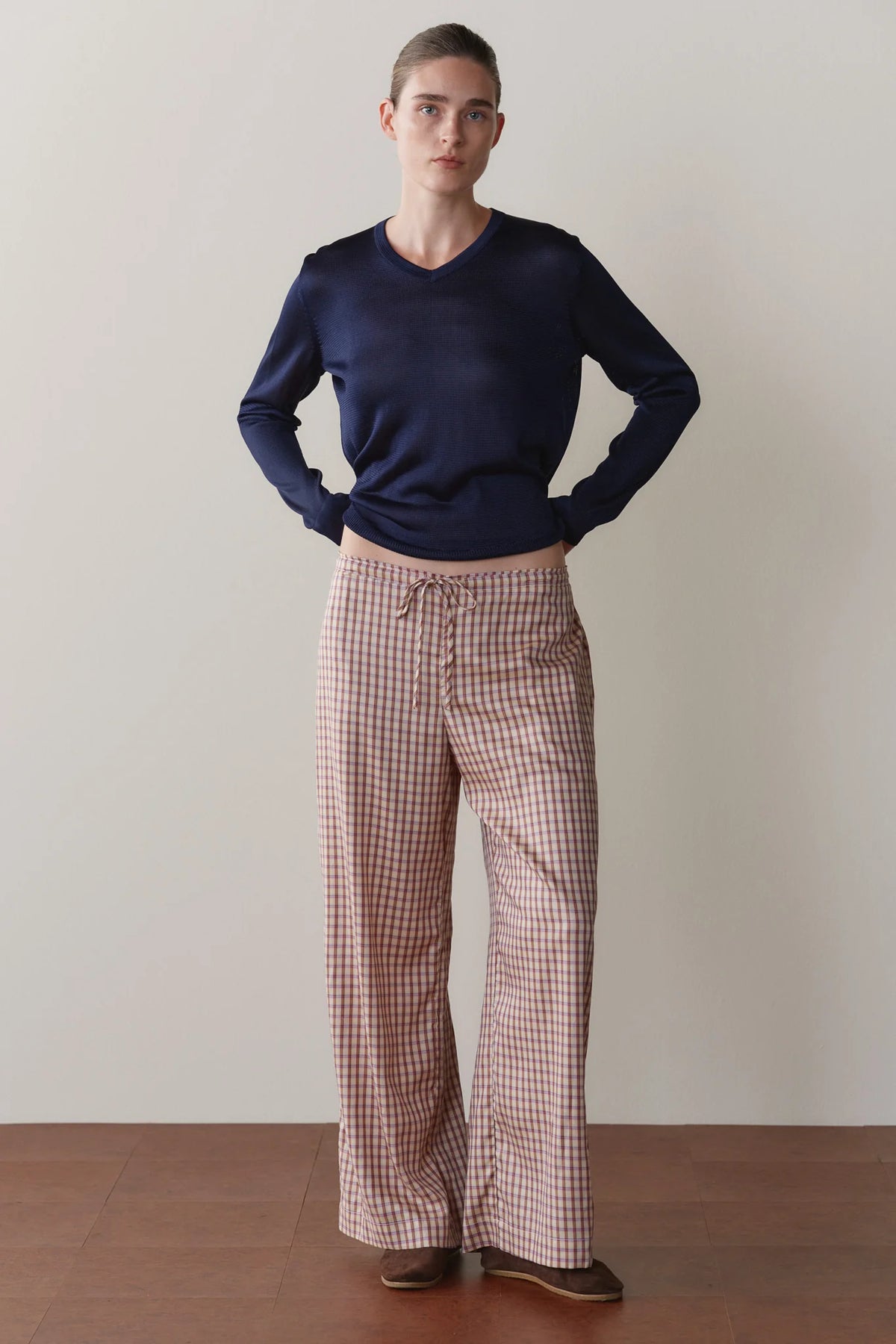 Tencel Plaid Tie Pant - Creme/Roz Plaid