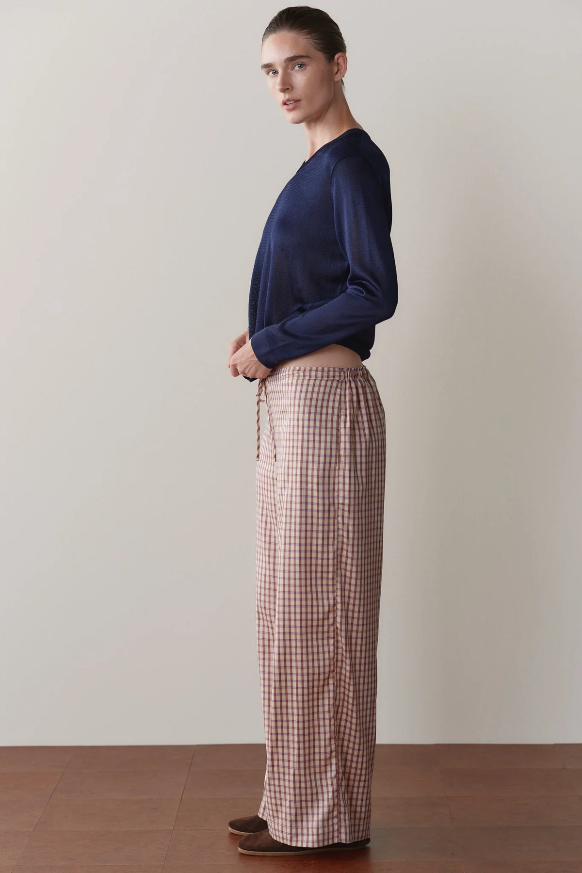 Tencel Plaid Tie Pant - Creme/Roz Plaid
