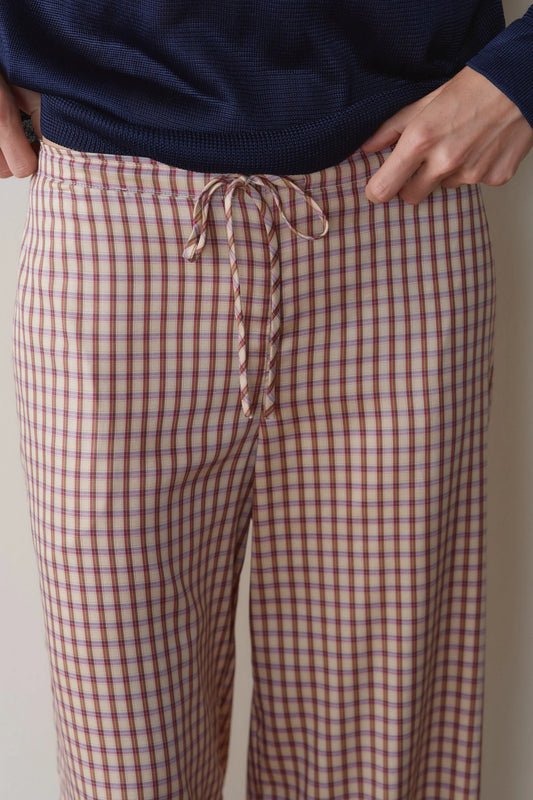 Tencel Plaid Tie Pant - Creme/Roz Plaid
