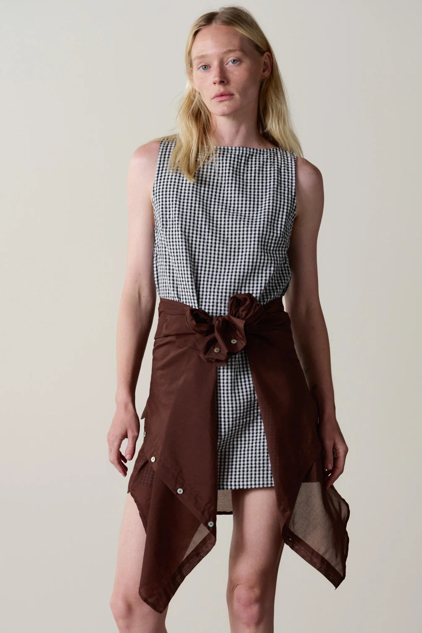 Cotton Gingham Boatneck Dress - Jet