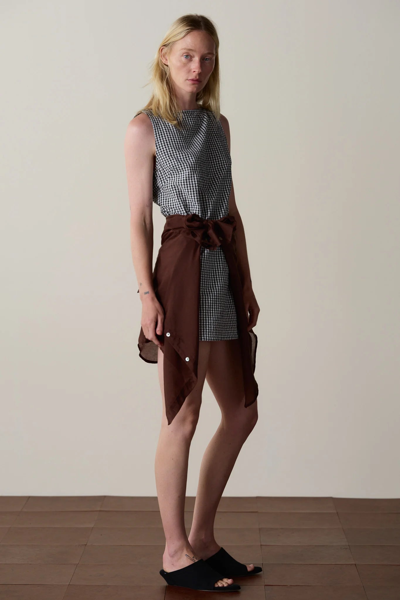 Cotton Gingham Boatneck Dress - Jet