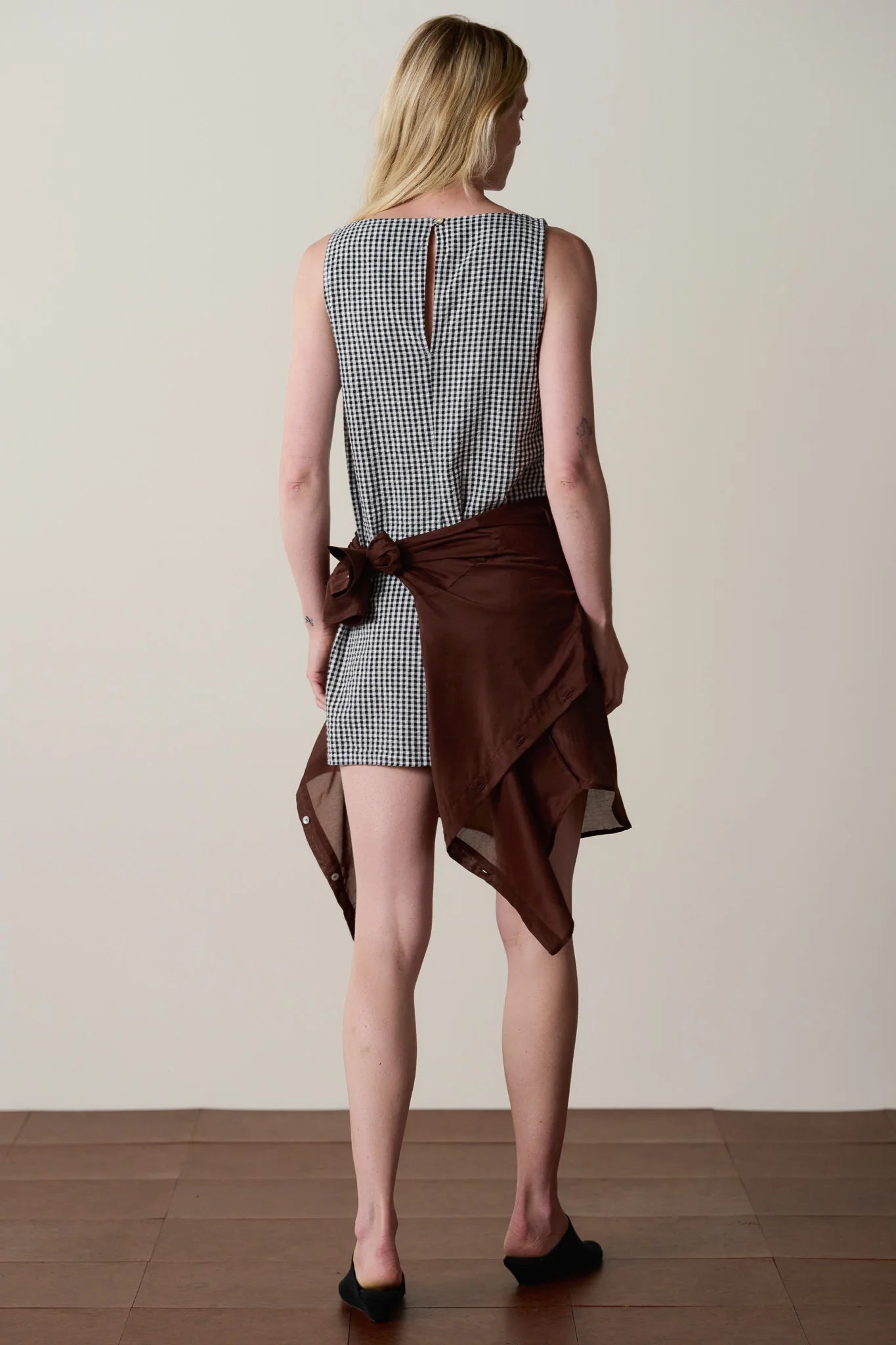 Cotton Gingham Boatneck Dress - Jet